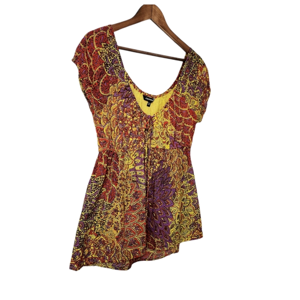 Bold Multicolor Paisley Print Boho Peasant Puff Sleeve Babydoll Top | Jasmine - Picture 2 of 8
